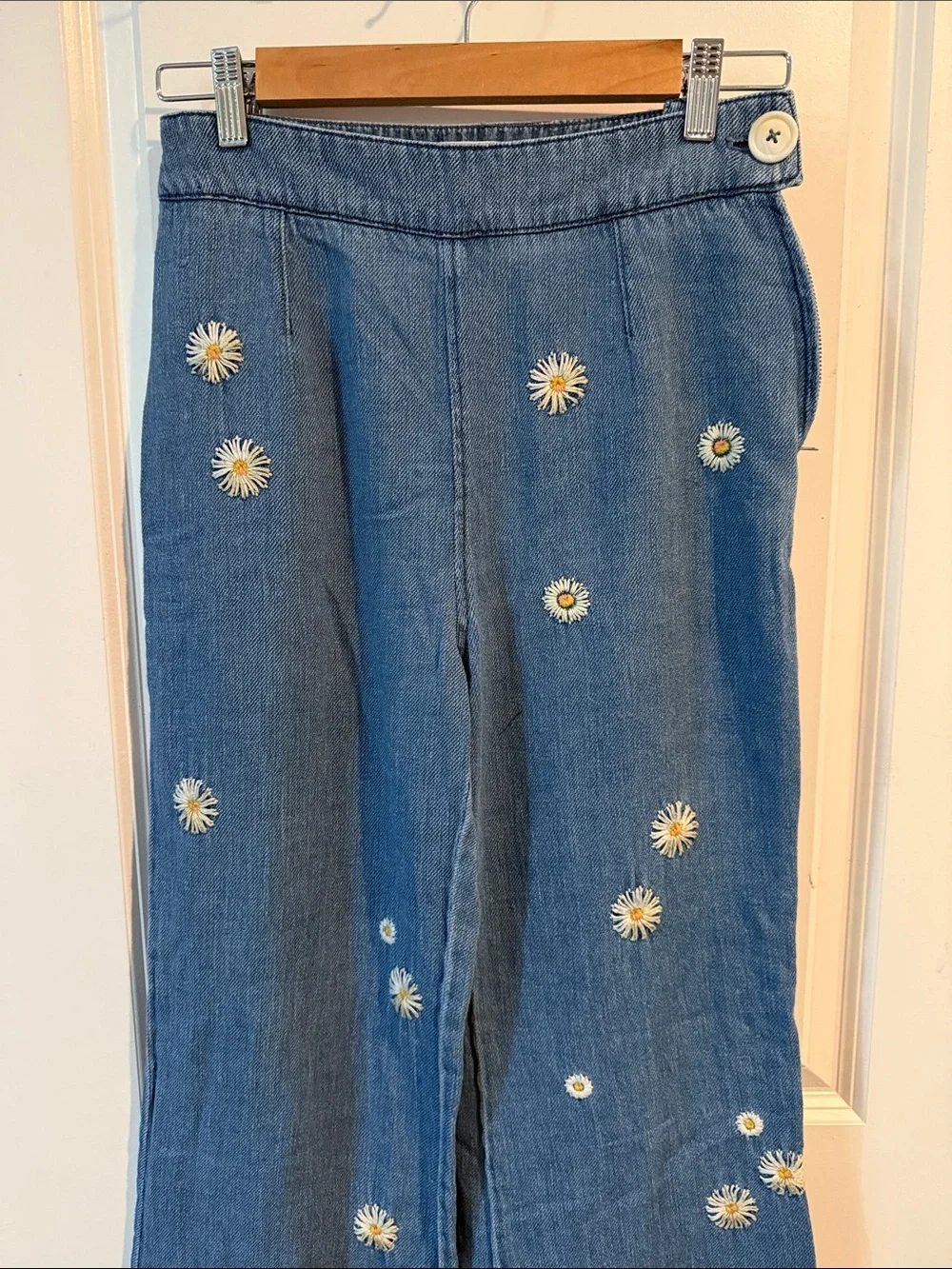 Free People Blue Denim Wide-Leg Pants with Daisy Embroidery